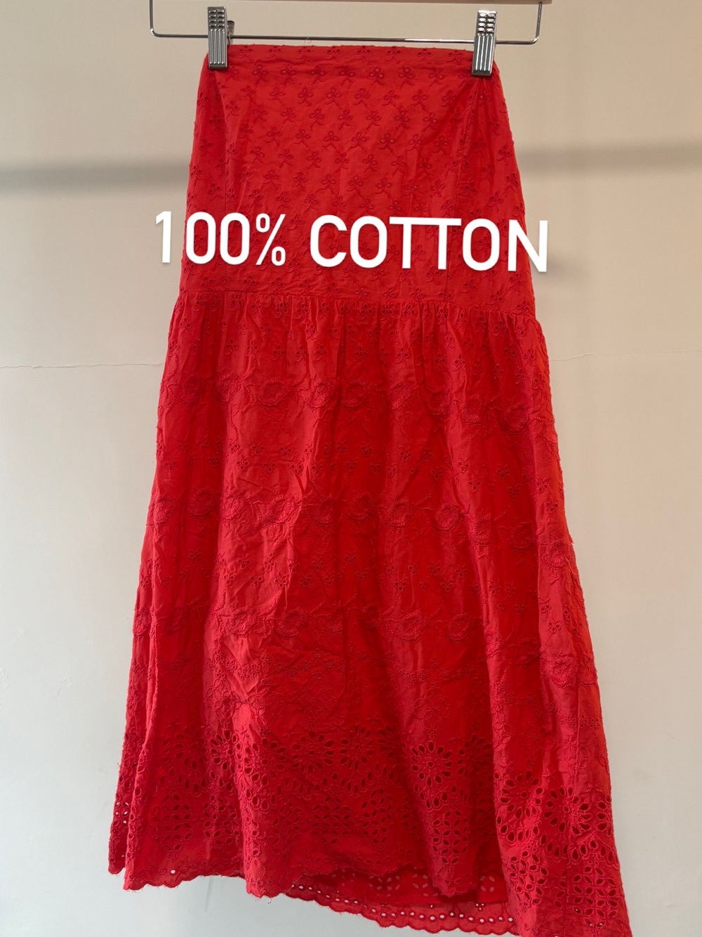 Red Eyelet Midi Dress | 100% cotton | size 12